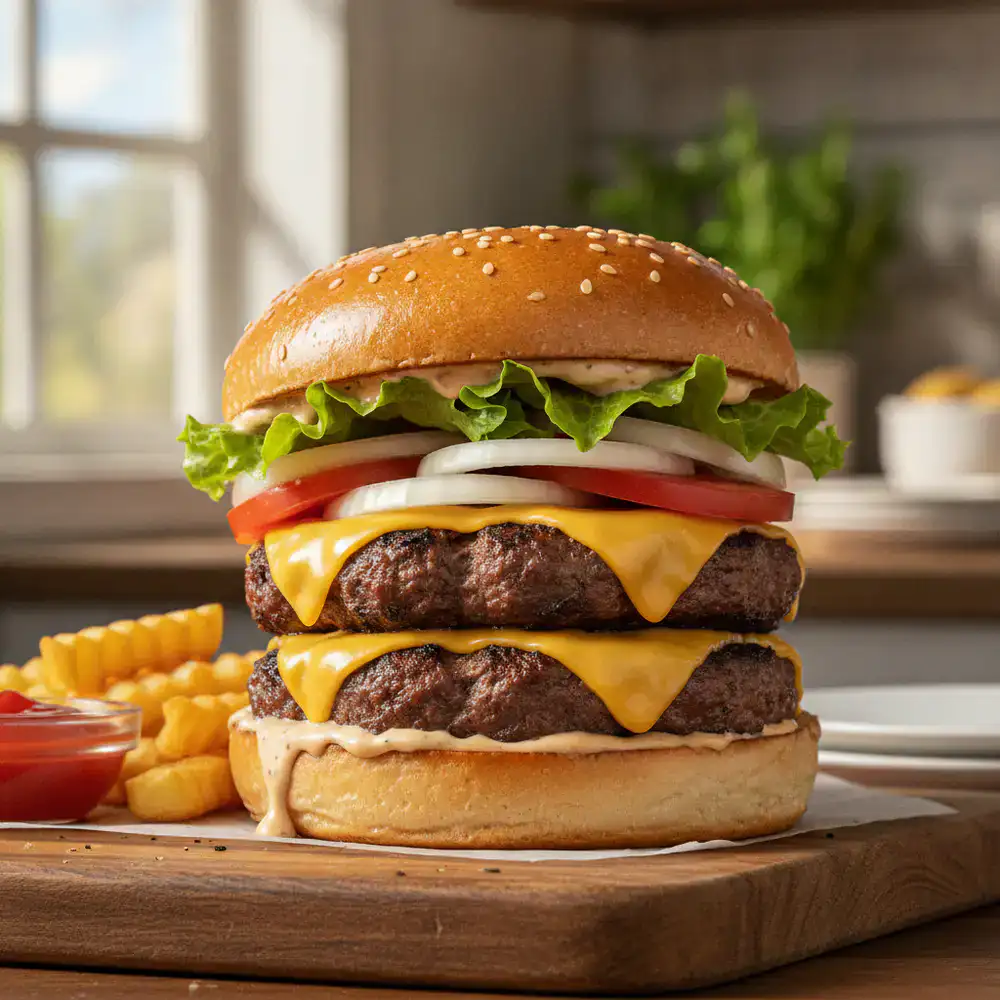 Juicy stacked double cheeseburger