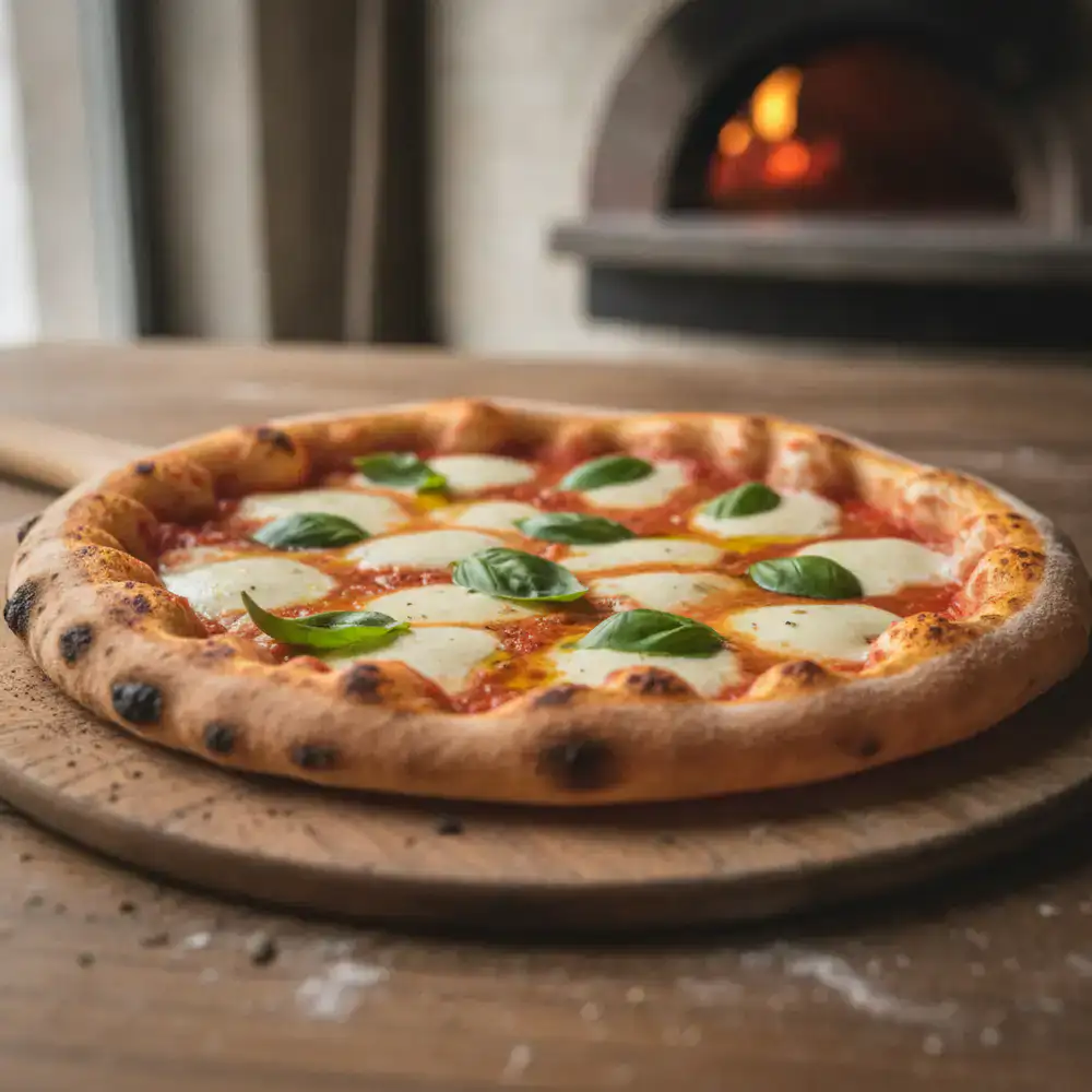Wood-fired pizza with fresh basil