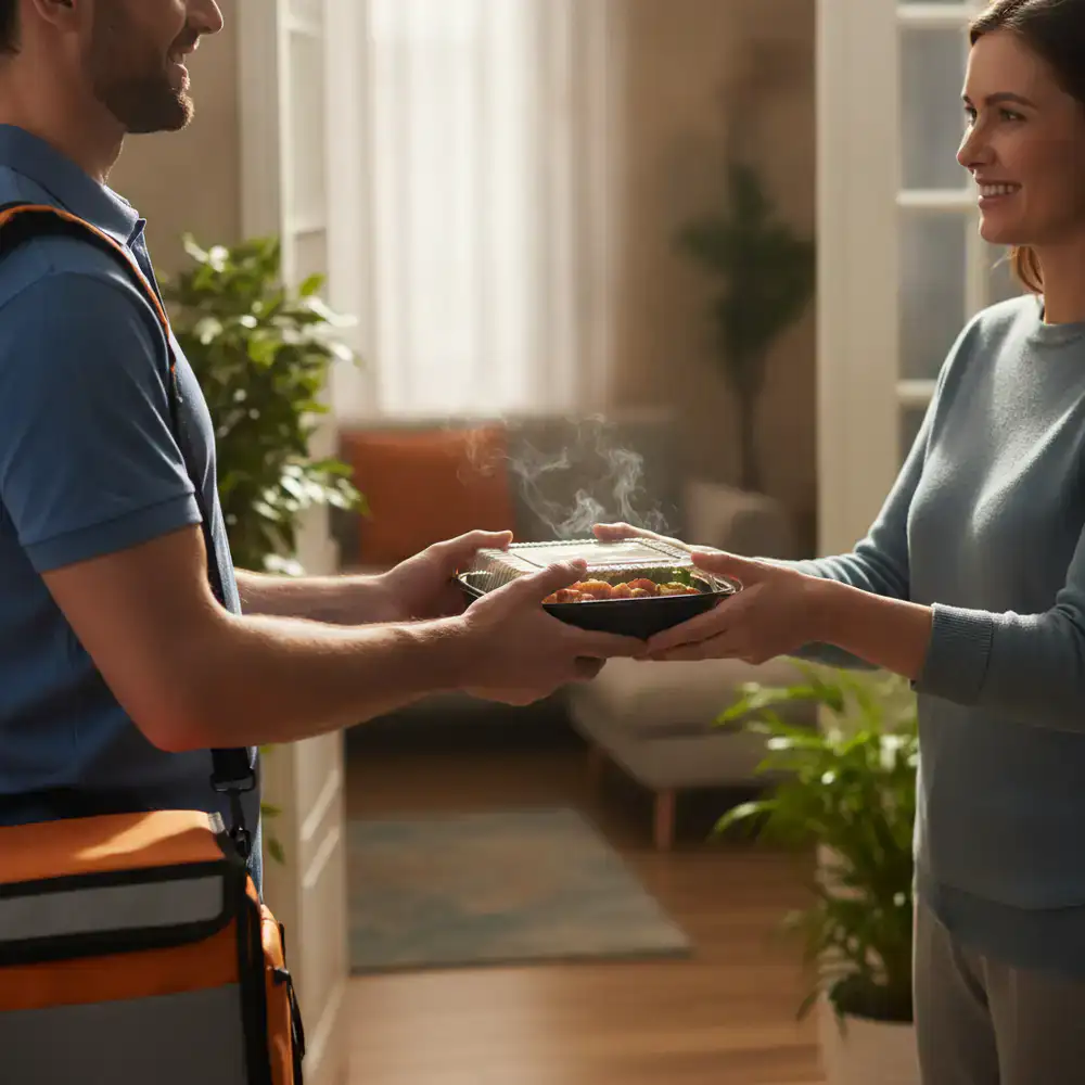 Delivery driver handing a fresh, hot meal to a customer