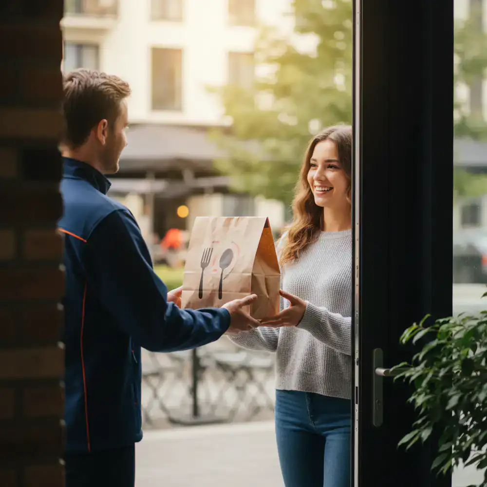 Delivery person handing over a fresh meal to a customer