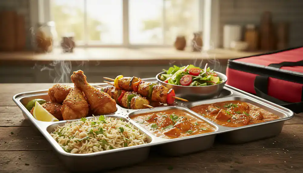 A spread of hot, delicious food ready for delivery