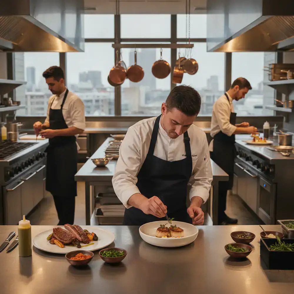 Chefs precisely plating food in a modern professional kitchen