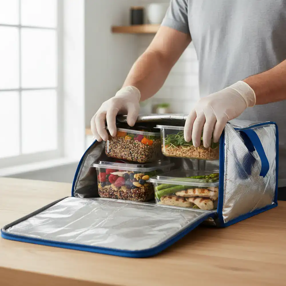 Carefully packing an insulated delivery bag with fresh food