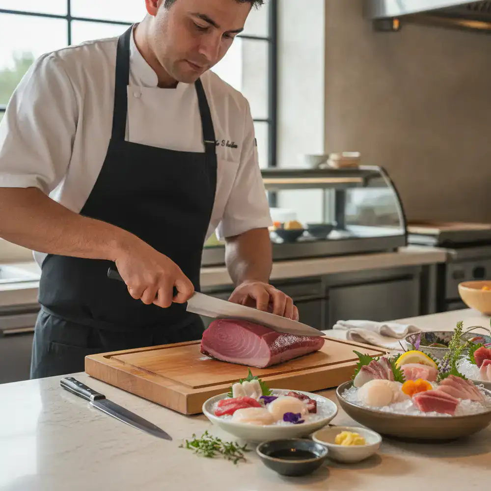 Chef carefully slicing fresh seafood