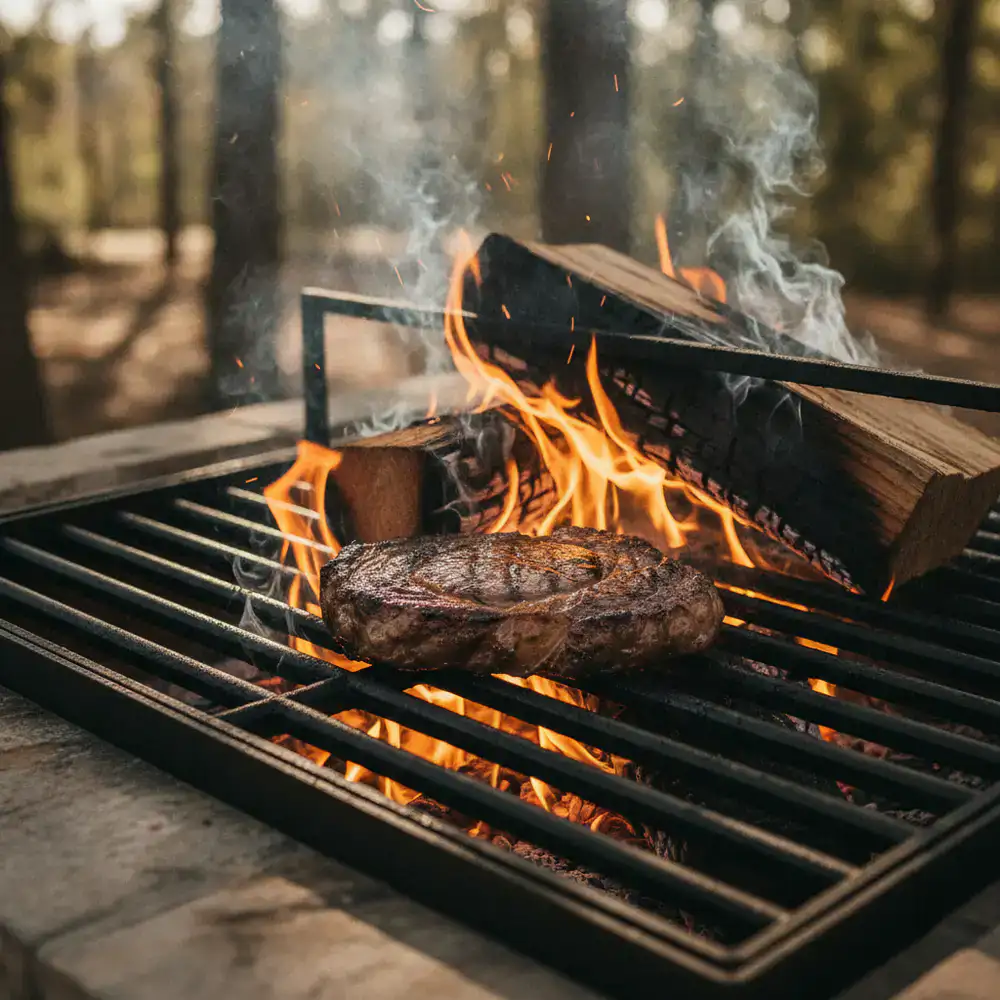 Premium steak cooking on an open wood-fired grill