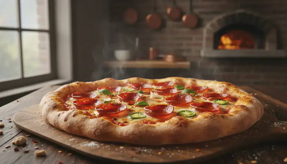 Freshly baked spicy pepperoni pizza