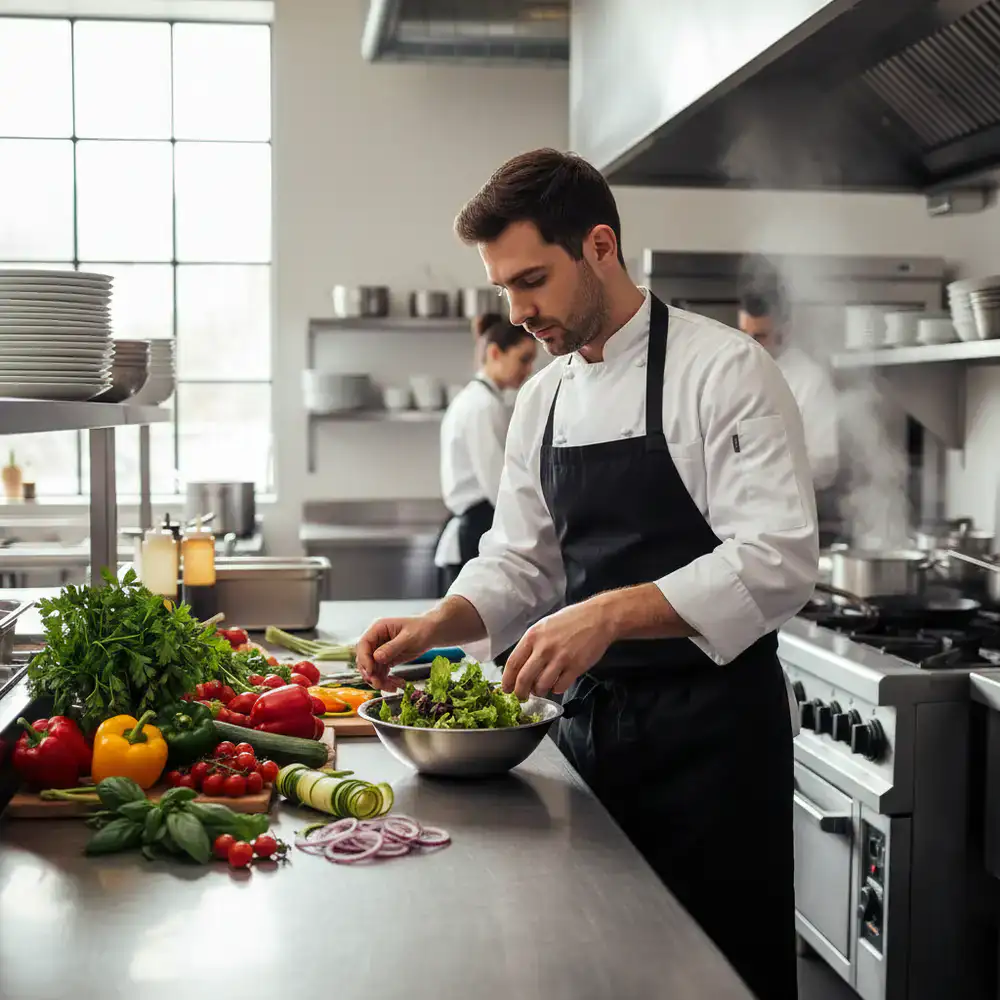 Chef preparing fresh ingredients in a restaurant kitchen