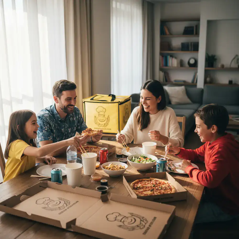 Family enjoying a freshly delivered meal together